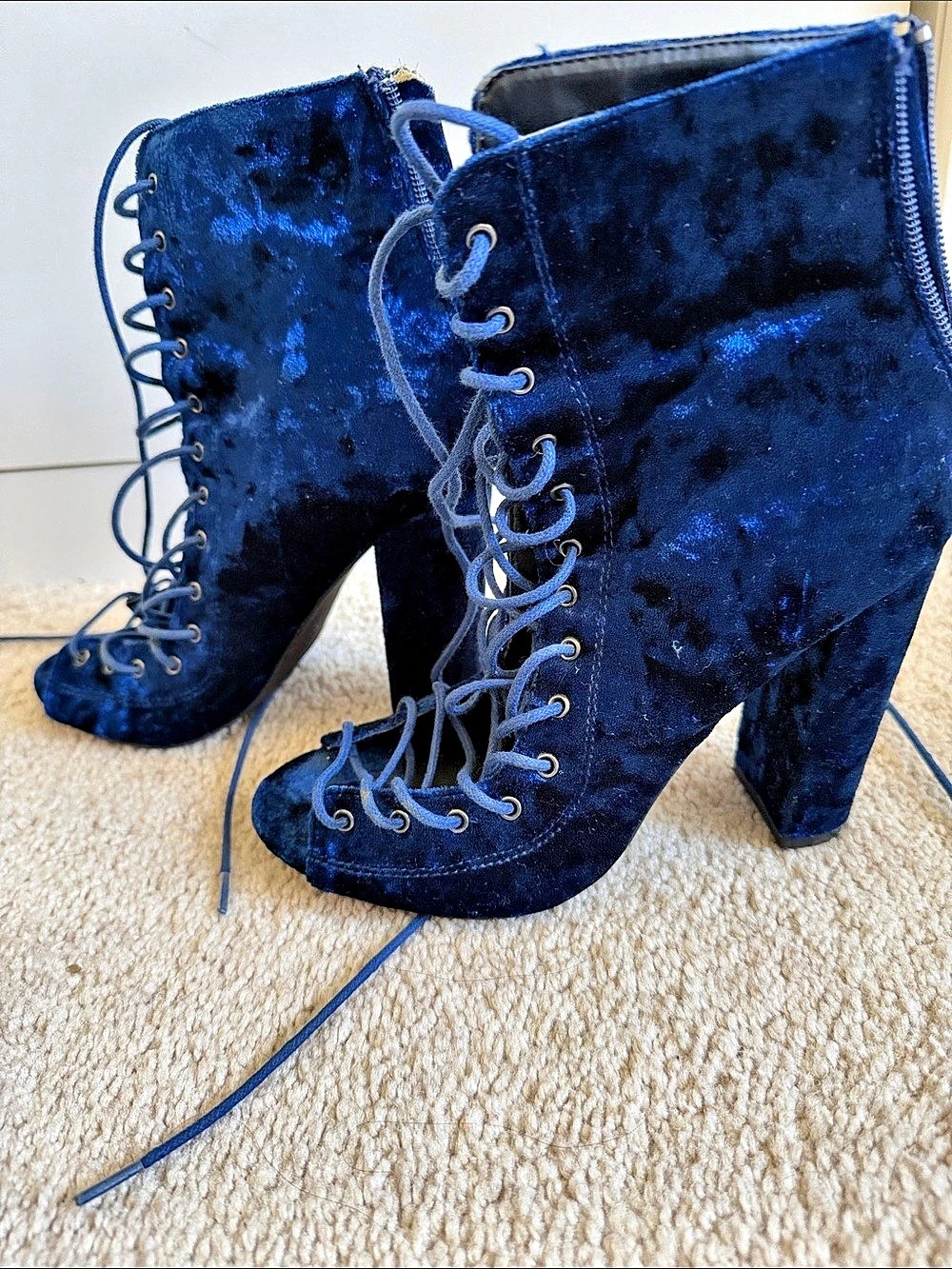 Fashion Nova Navy Blue Velvet Lace-Up Peep Toe Block Heel Booties